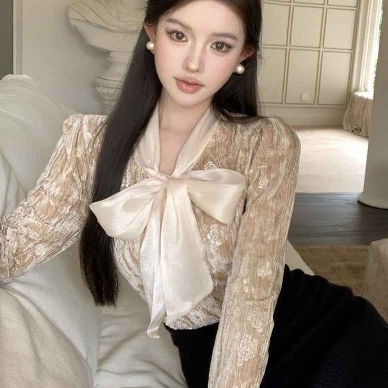 French-Style Bow-Tie Lace-Up Soft Satin Long-Sleeve Shirt