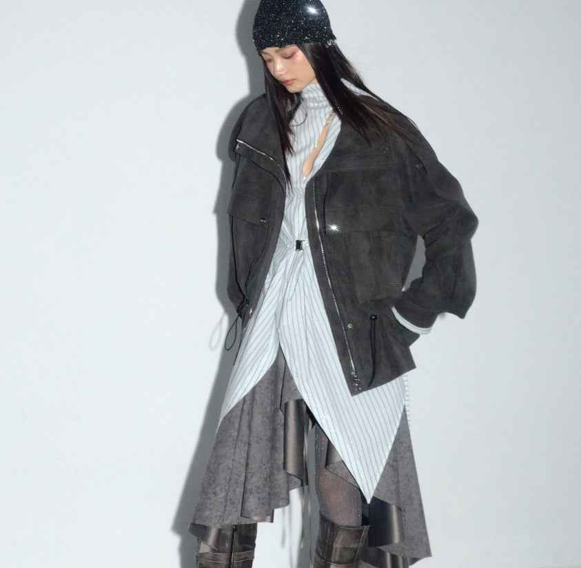 PU Leather Utility Jacket – Drawstring, Pockets & Lambswool Lining