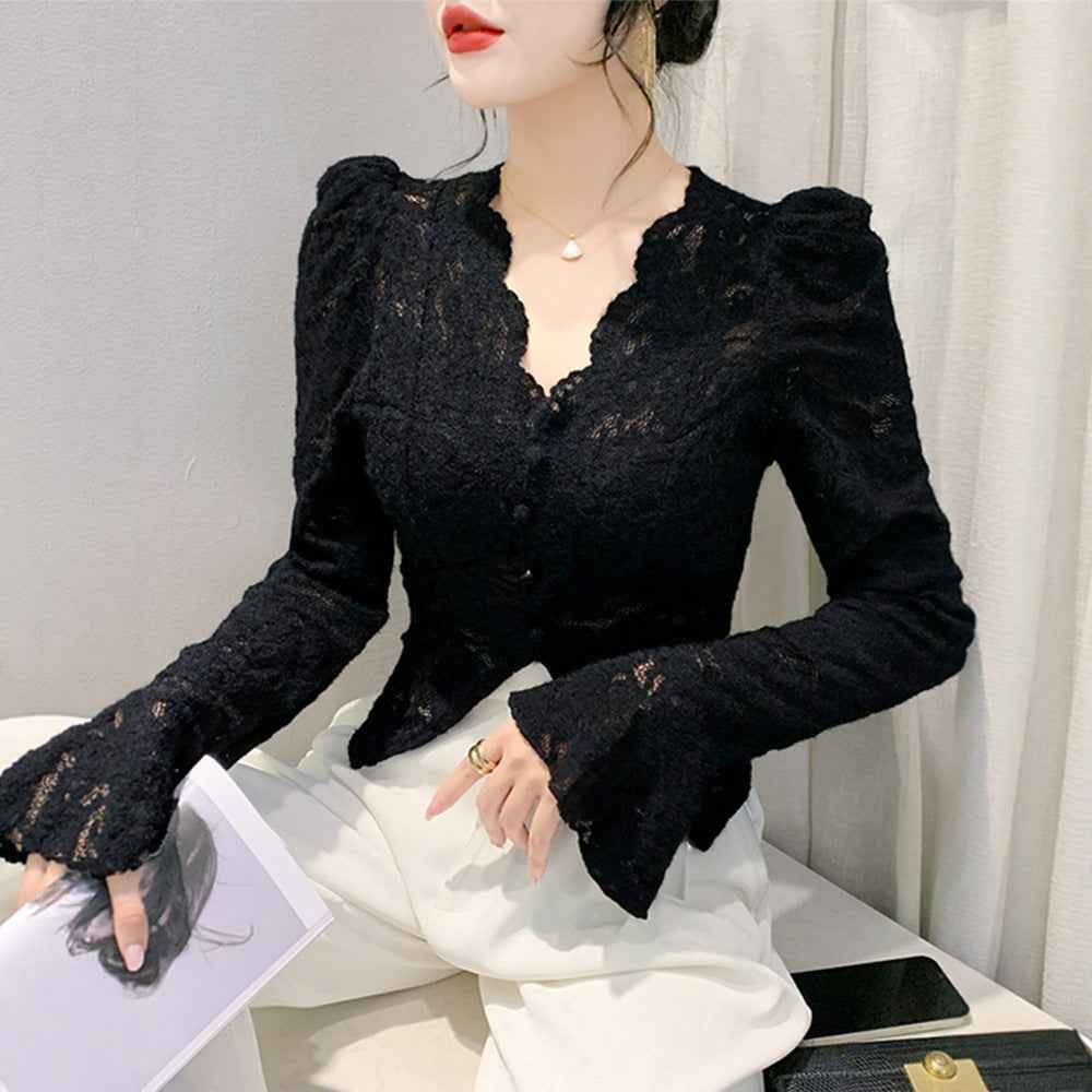 Floral Lace Slim-Fit Long-Sleeve Top