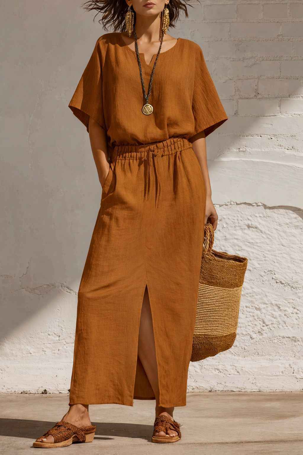 Boho Batwing V-Neck Top & Wide-Leg Maxi Skirt Two-Piece Set