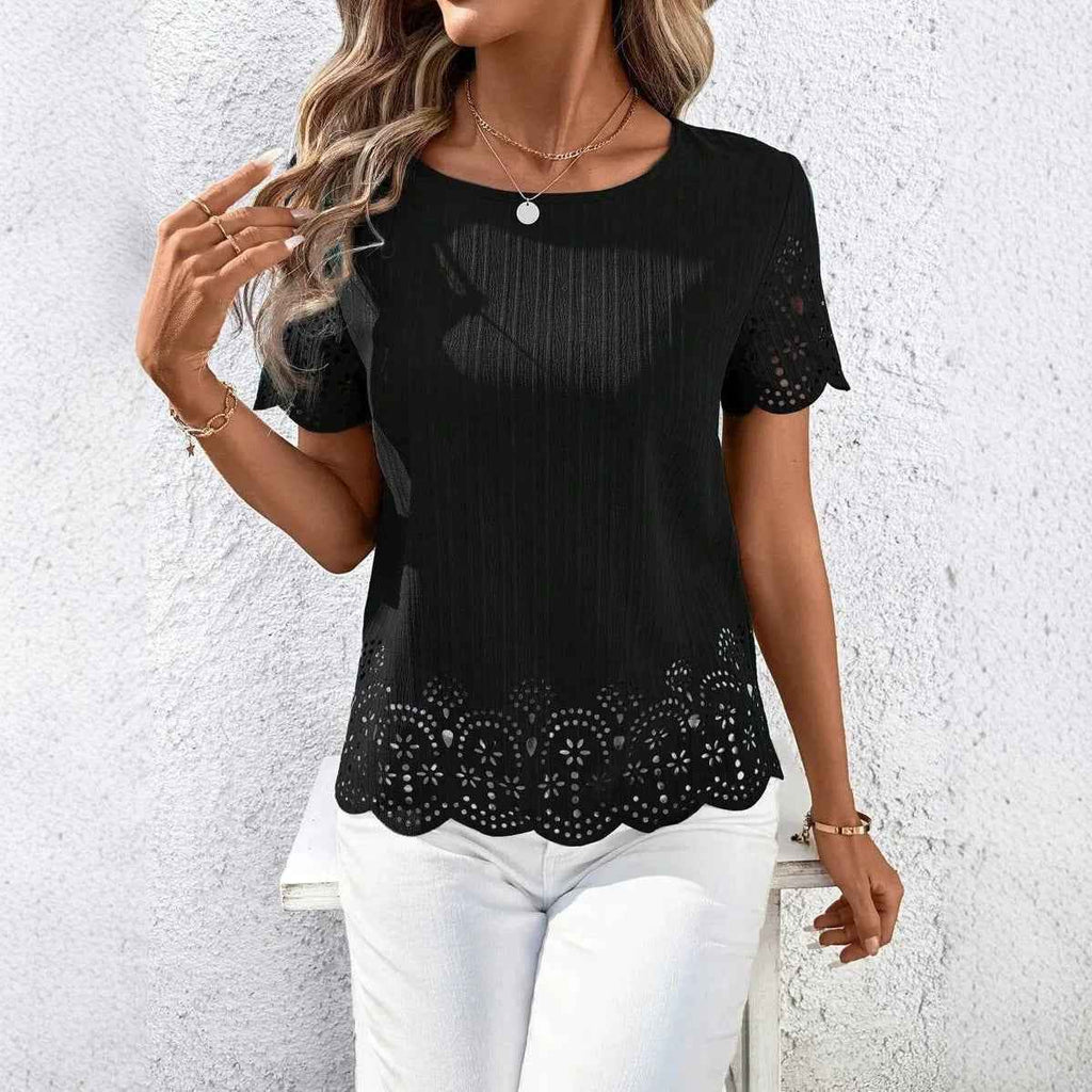 European And American Plus Size Womens Round Neck Hollow Out Short Sleeve Top With Burned Out Floral Design