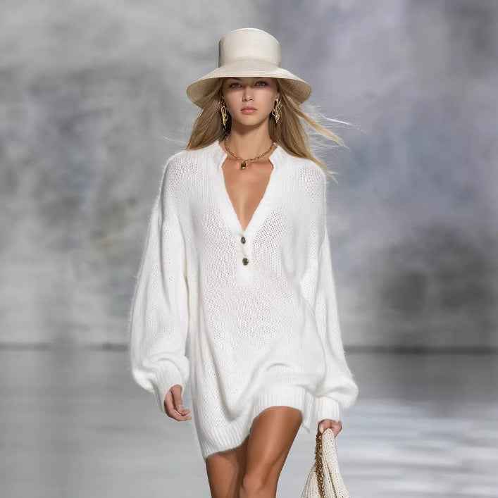 Women's V-Neck Knit Mini Dress with Bishop Sleeves