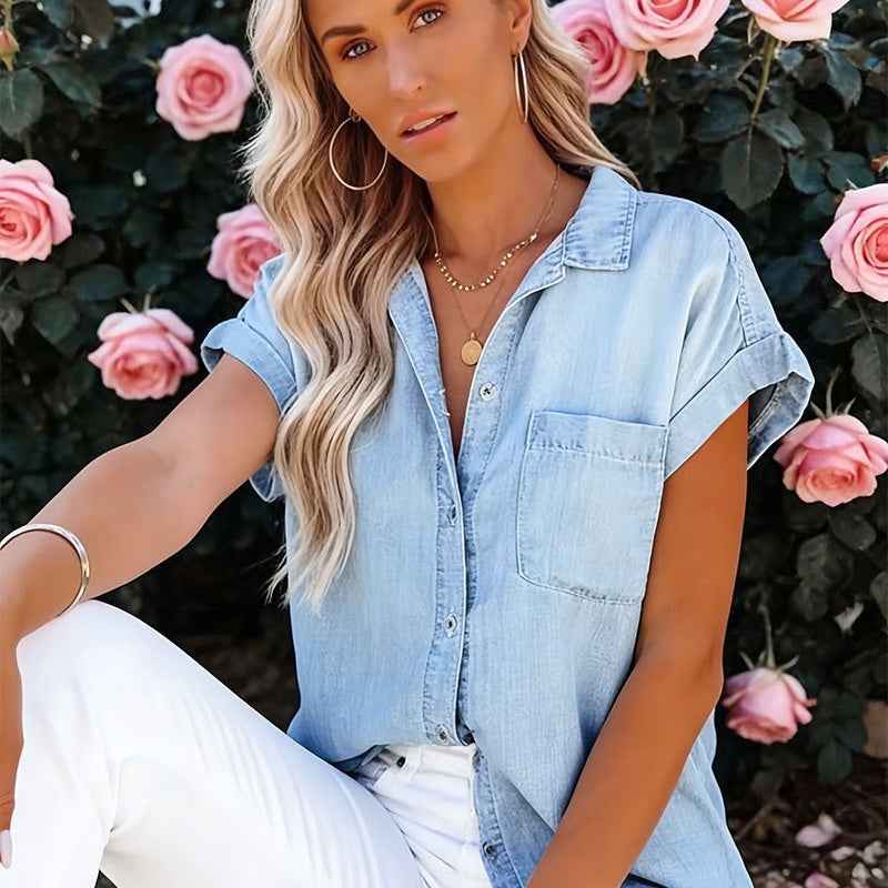 Blue Lapel Casual Short-sleeve Washed Denim Shirt
