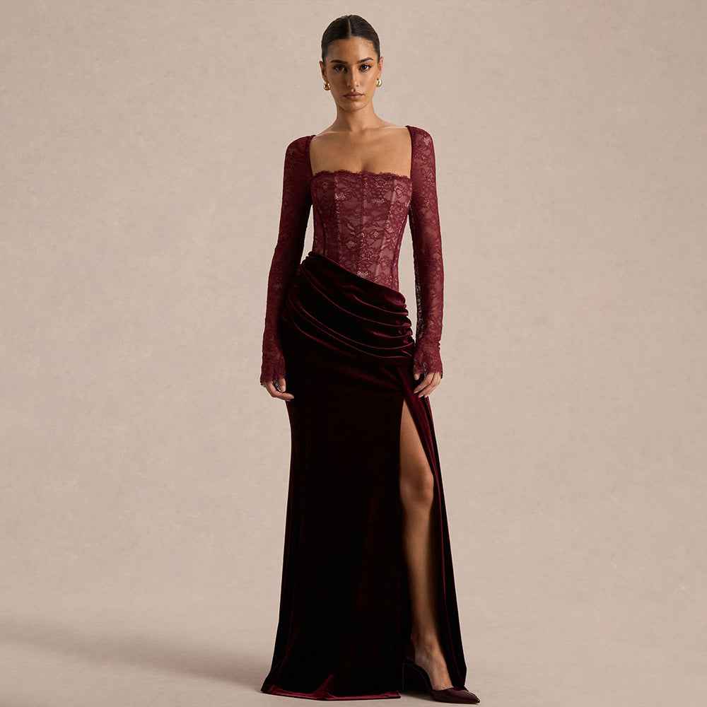 Long-Sleeve Patchwork Lace Demure Dress