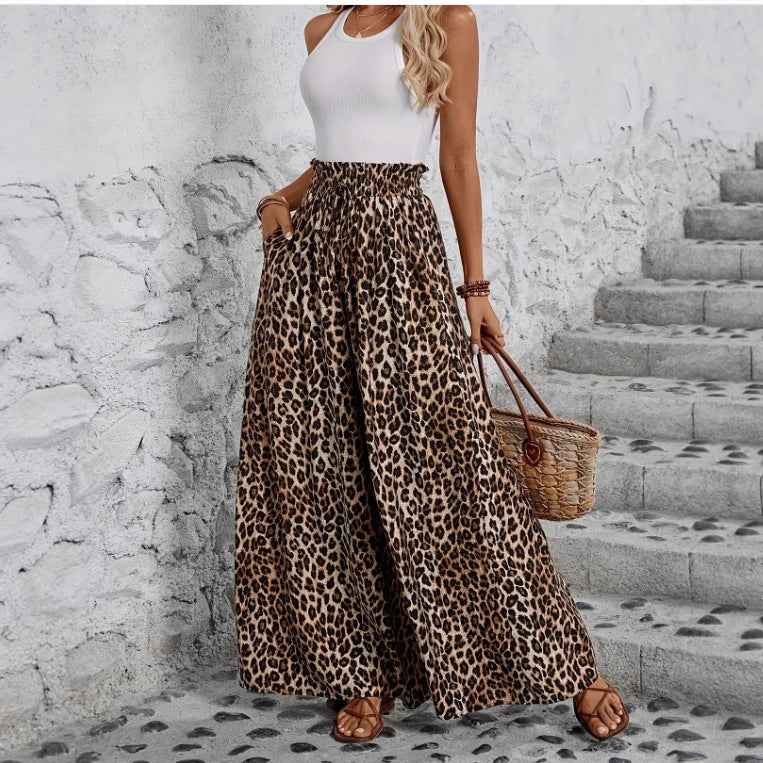 High Waist Leopard-print Printed Loose Casual Wide-leg Pants Trousers