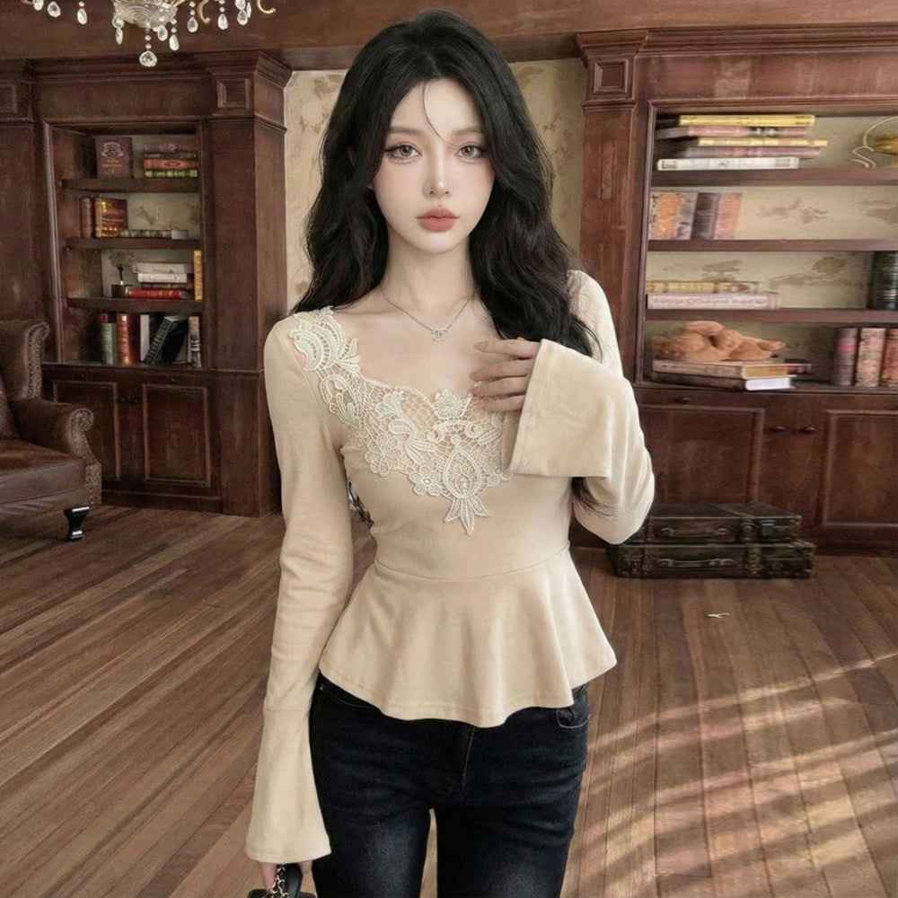 V-Neck Lace Patchwork Top – Flared Sleeves & Ruffle Hem