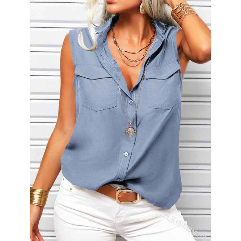 Sleeveless Lapel Blouse with Pockets – Loose Fit