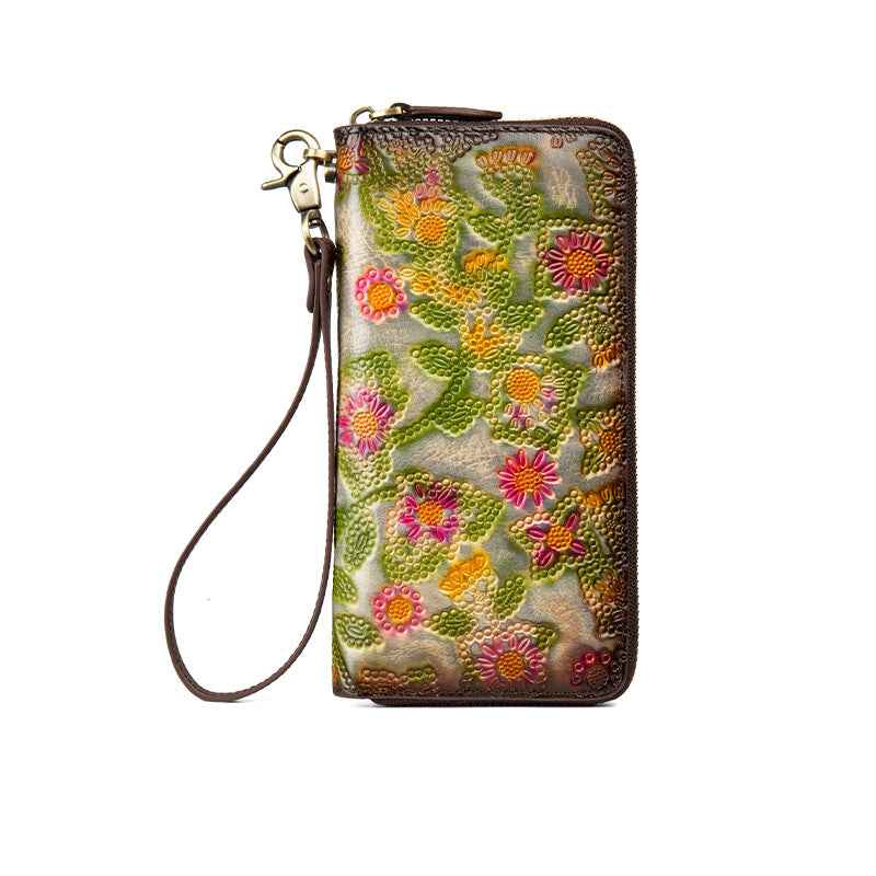 Large-Capacity Embossed Floral Leather Wallet – Vintage