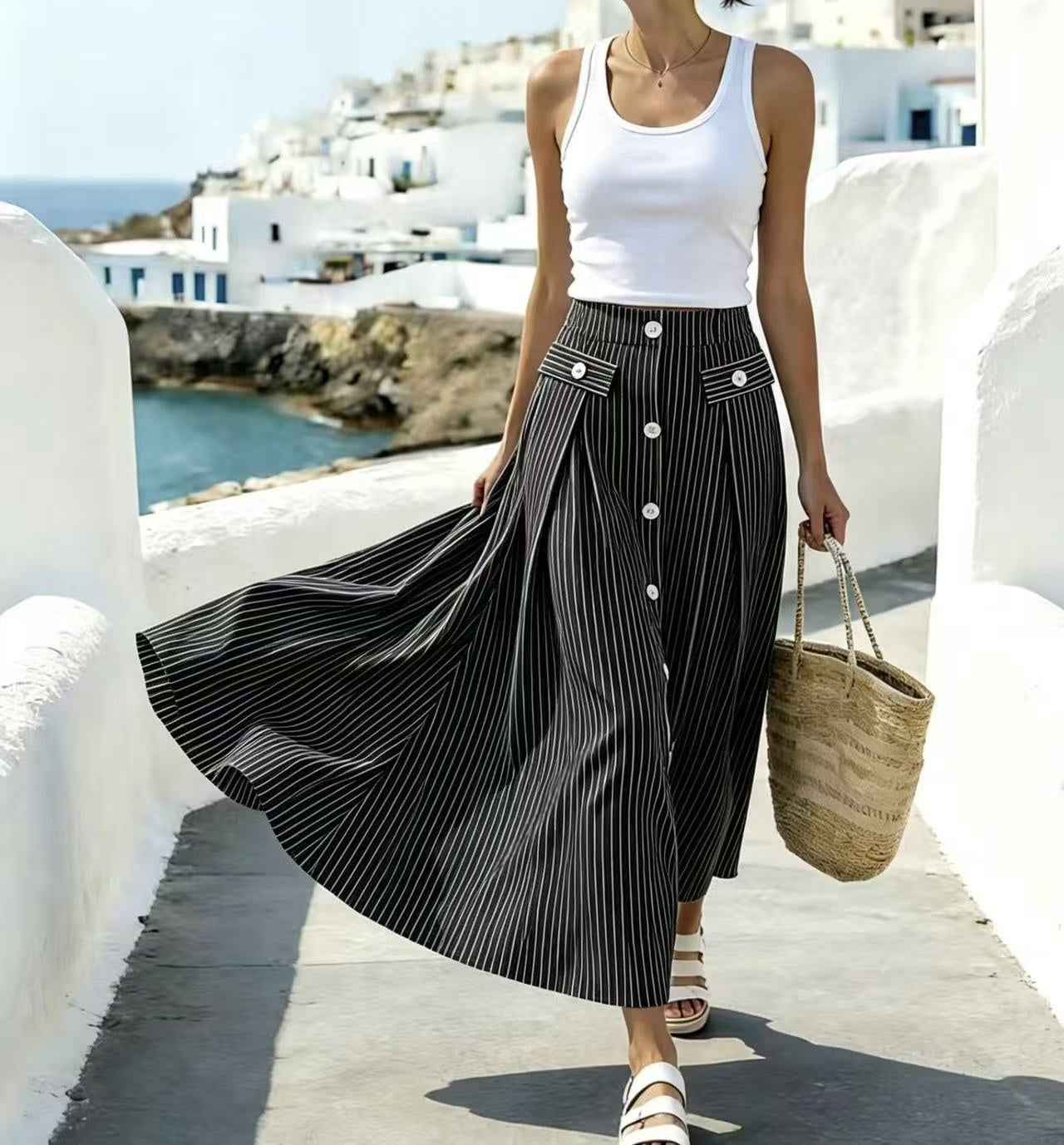 Striped Patchwork Ankle-Length Straight Skirt
