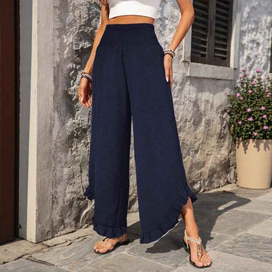 High-Waist Wide-Leg Pants with Asymmetric Ruffle Hem — 3 Colours