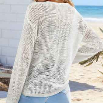 Womens Hollow-Out Jacquard Coconut Tree Knit Blouse