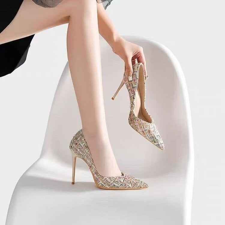 French Shallow-mouth Woven High Heels