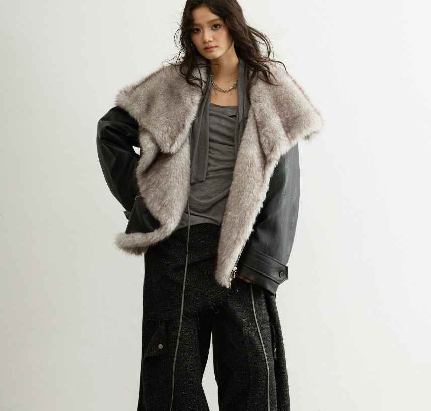 Women's Faux Leather Jacket with Detachable Fur Collar