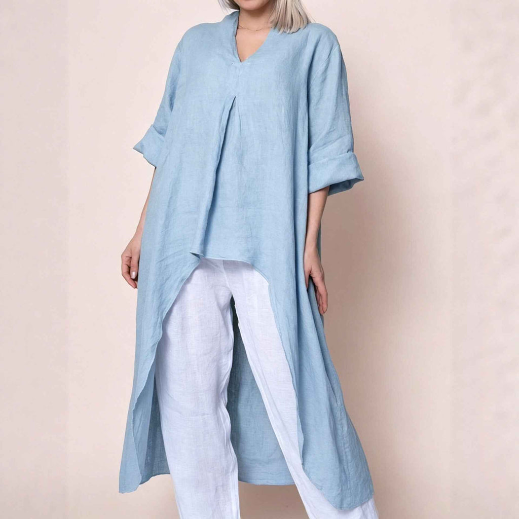Womens Solid-Color V-Neck Asymmetric Long-Sleeve Shirt