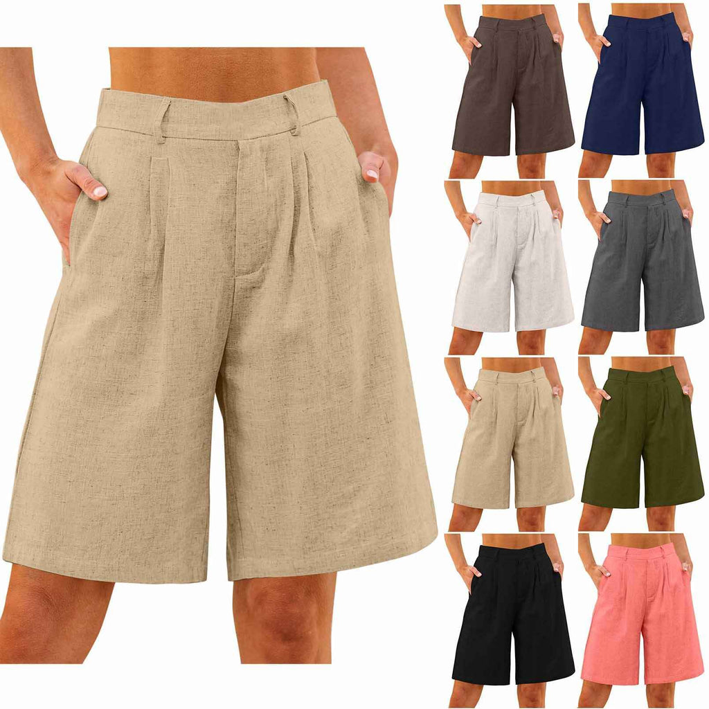 Cotton-Linen Solid-Color Loose-Fit Straight Cropped Pants With Pockets