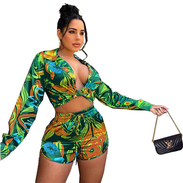 Printed Short-Sleeve Shirt And Casual Hot-Pants Set
