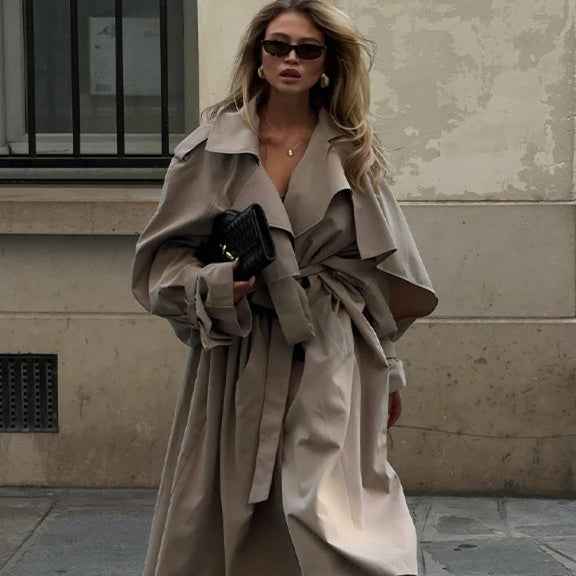 A-Line Lace-Up Shawl Collar Long Trench Coat — Brown