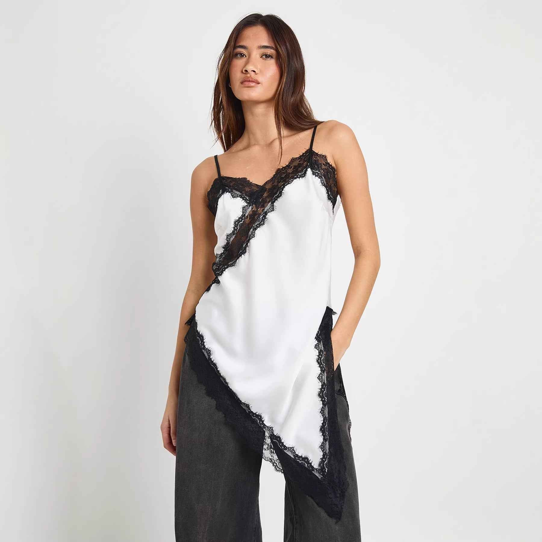 Asymmetric Lace-Trim Satin Slip Midi Dress