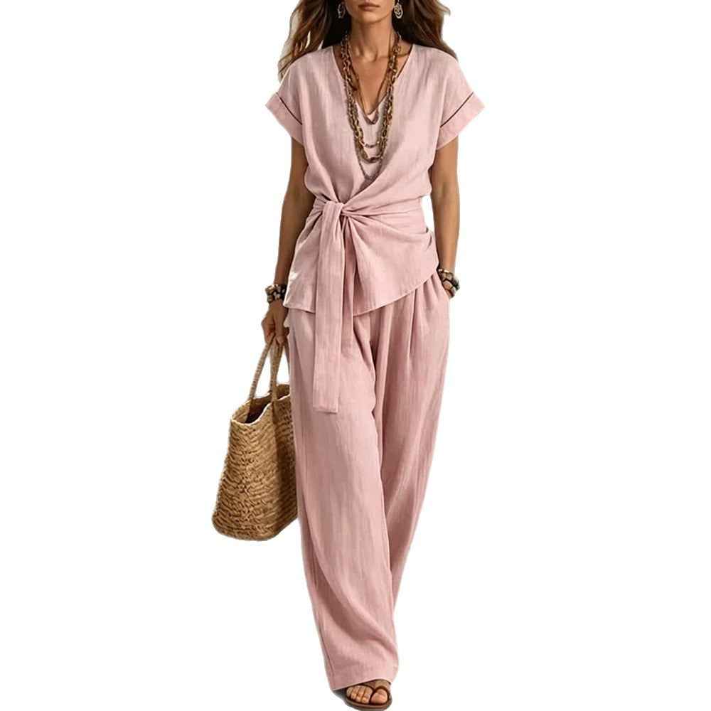 Women's 3/4 Sleeve Cotton-Blend Top & Long Pants Co-Ord Set — 4 Colours