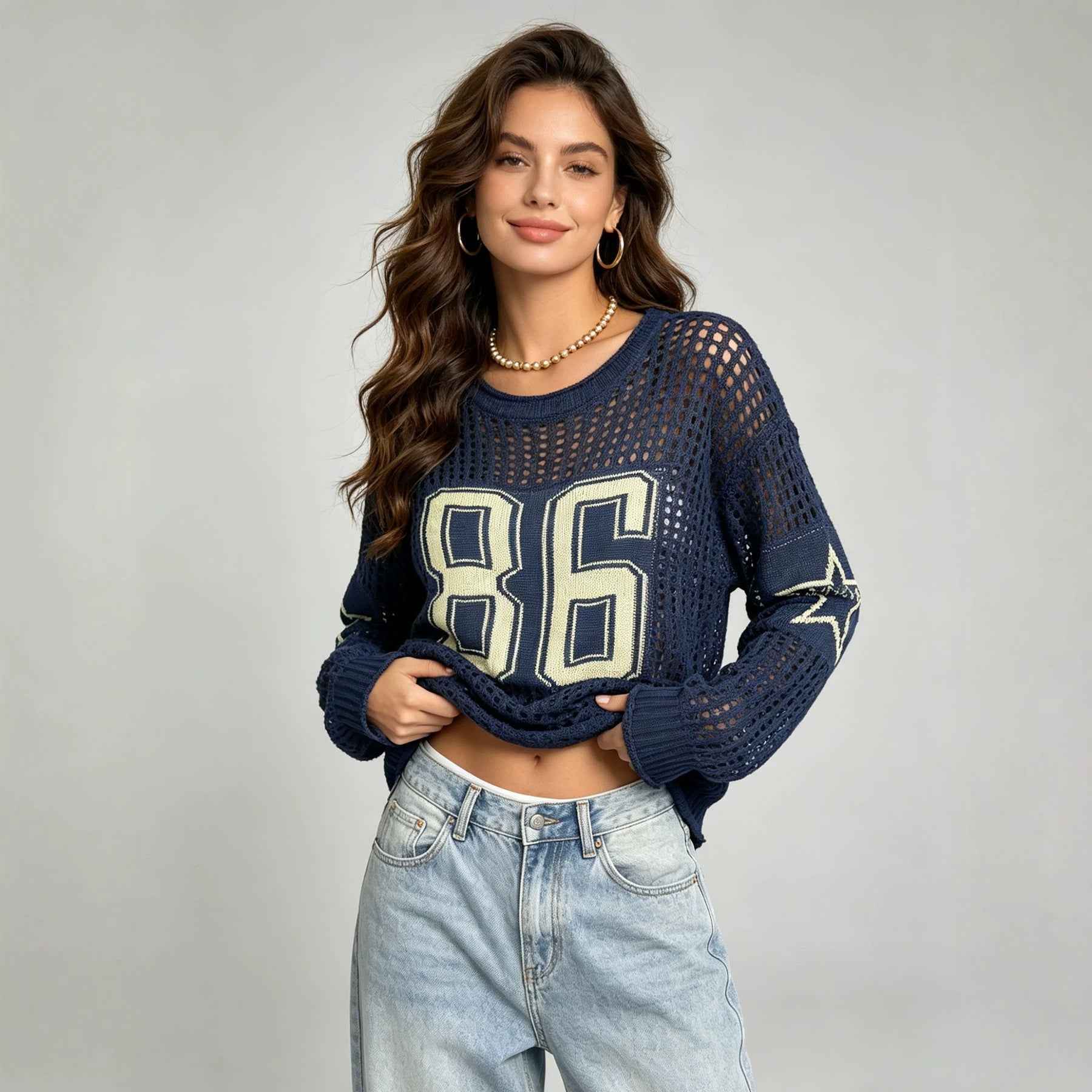 Vintage Relaxed-fit Drop-shoulder Long-sleeve Pullover With A Five-pointed Star Design