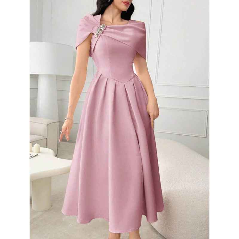 Asymmetric Diamond-Embellished Short-Sleeve Dress — Slim Fit, Elegant