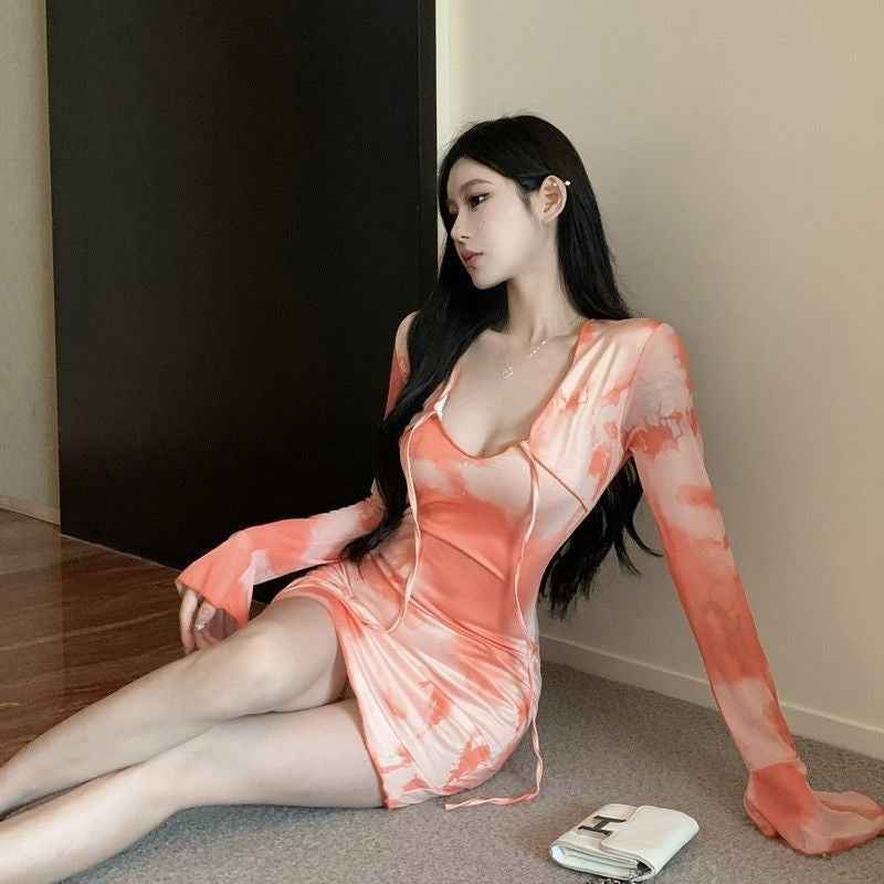 Printed Flared-Sleeve Pullover Short Dress