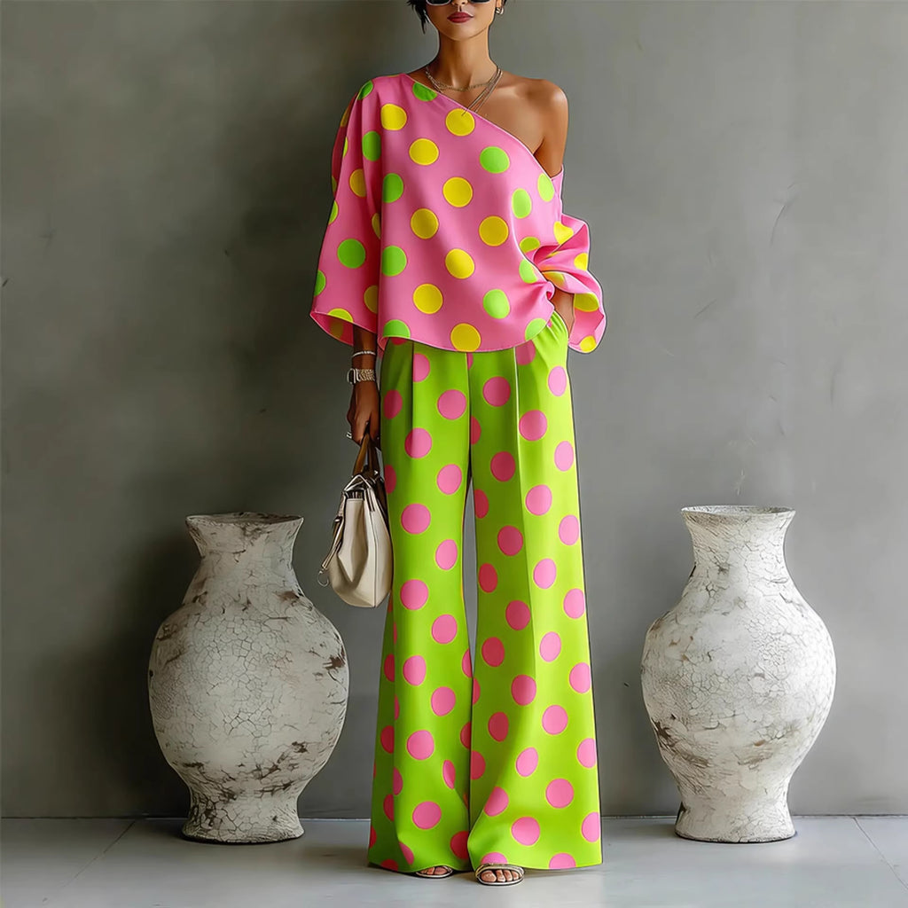 Polka-Dot Print Off-Shoulder Top & Full-Length Pants Set