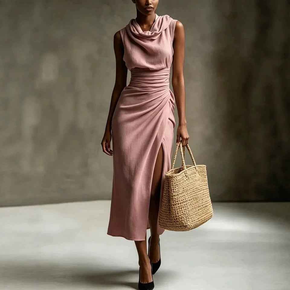 Sleeveless High-Waist Pleated Ruched Backless Slit Cotton-Linen Maxi Dress