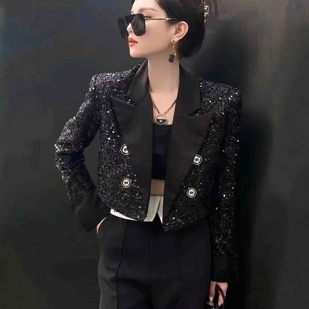 Cropped Chanel-style Blazer With A Sequined Cardigan And Long Sleeves