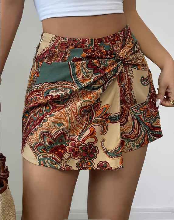 Womens Fashionable Paisley-Print Knotted Wrap Casual Resort Short Skirt