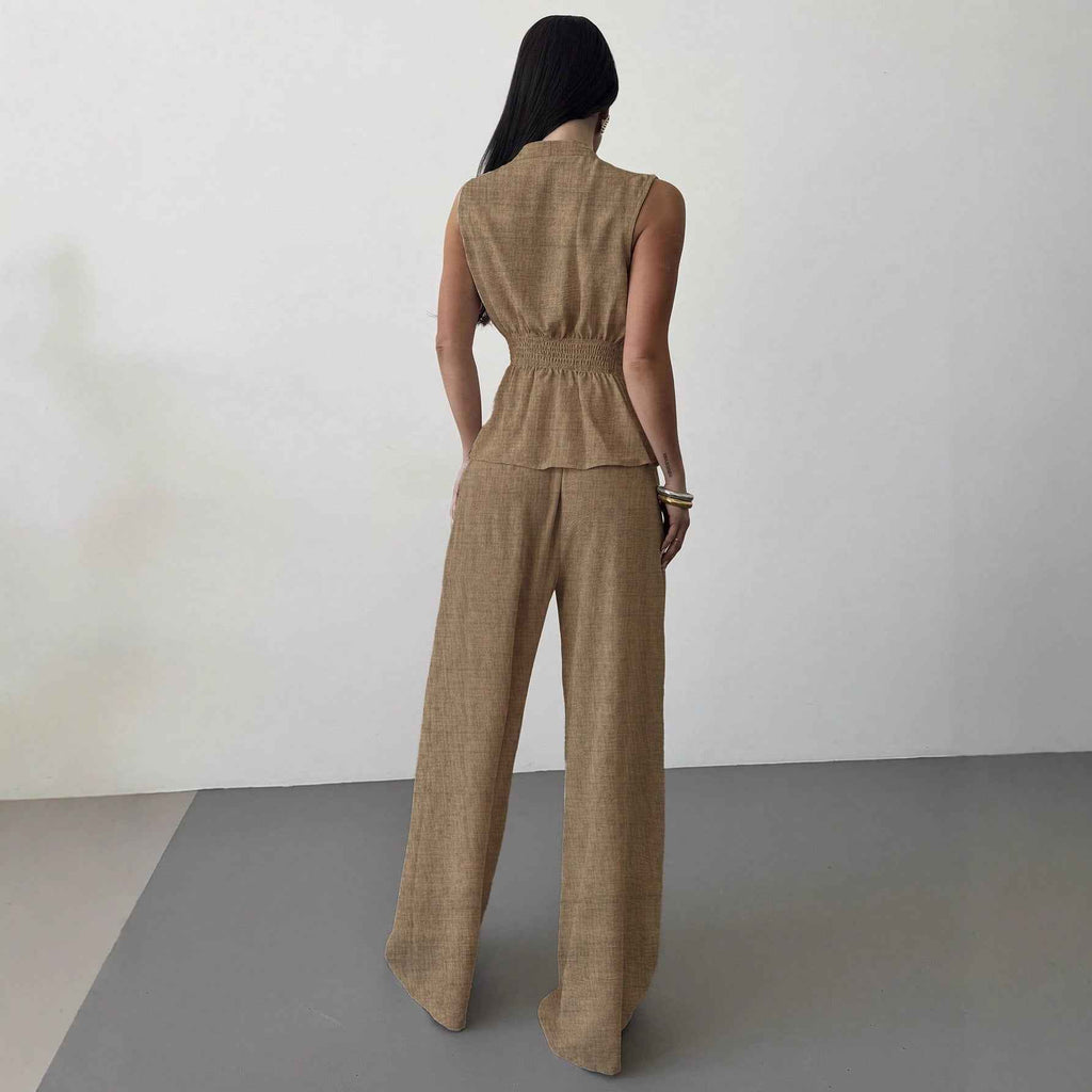 Lace-Up V-Neck Vest & Wide-Leg Trousers Set — Apricot & Khaki, S–XL
