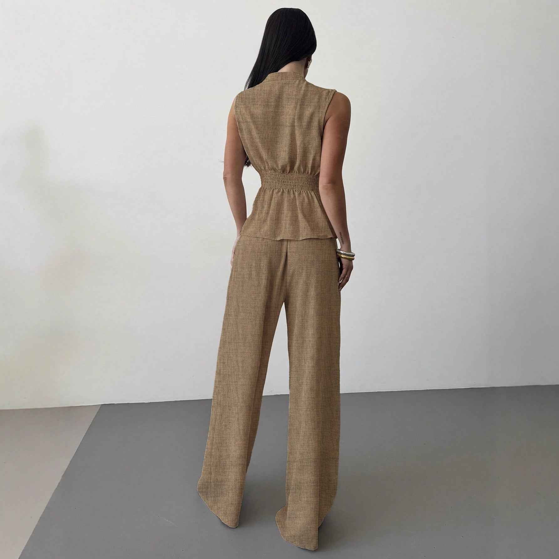 Lace-Up V-Neck Vest & Wide-Leg Trousers Set — Apricot & Khaki, S–XL