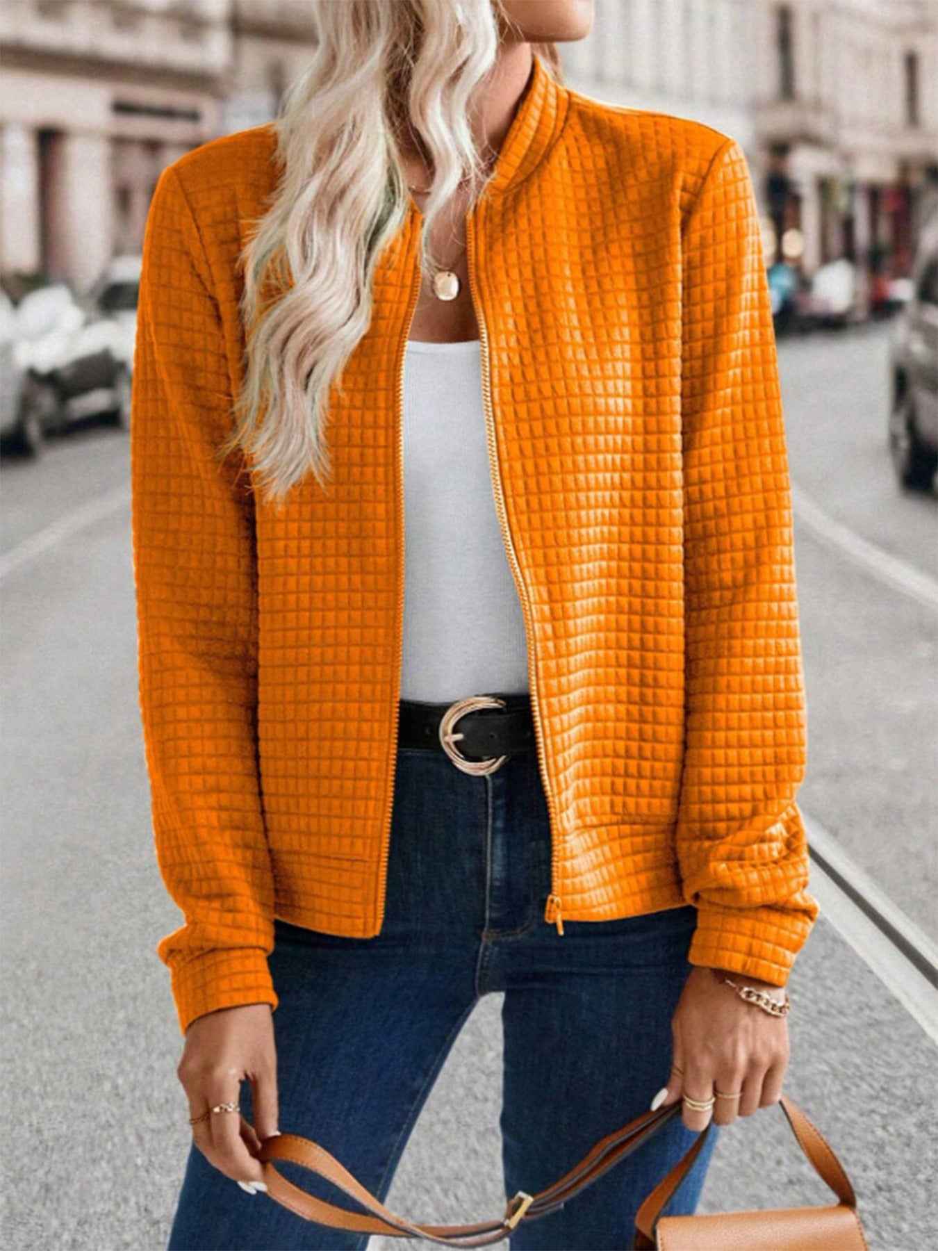 Women's Long Sleeve Zip-Up Solid Color Decorative Cardigan, Solid Casual Outerwear For Ladies