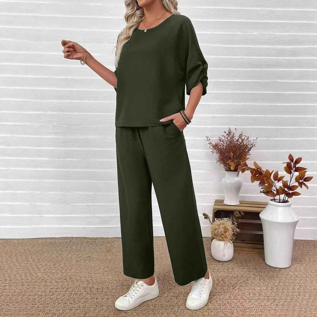 Women's Solid Crew-Neck Top & Wide-Leg Pants Co-Ord Set — 3 Colours