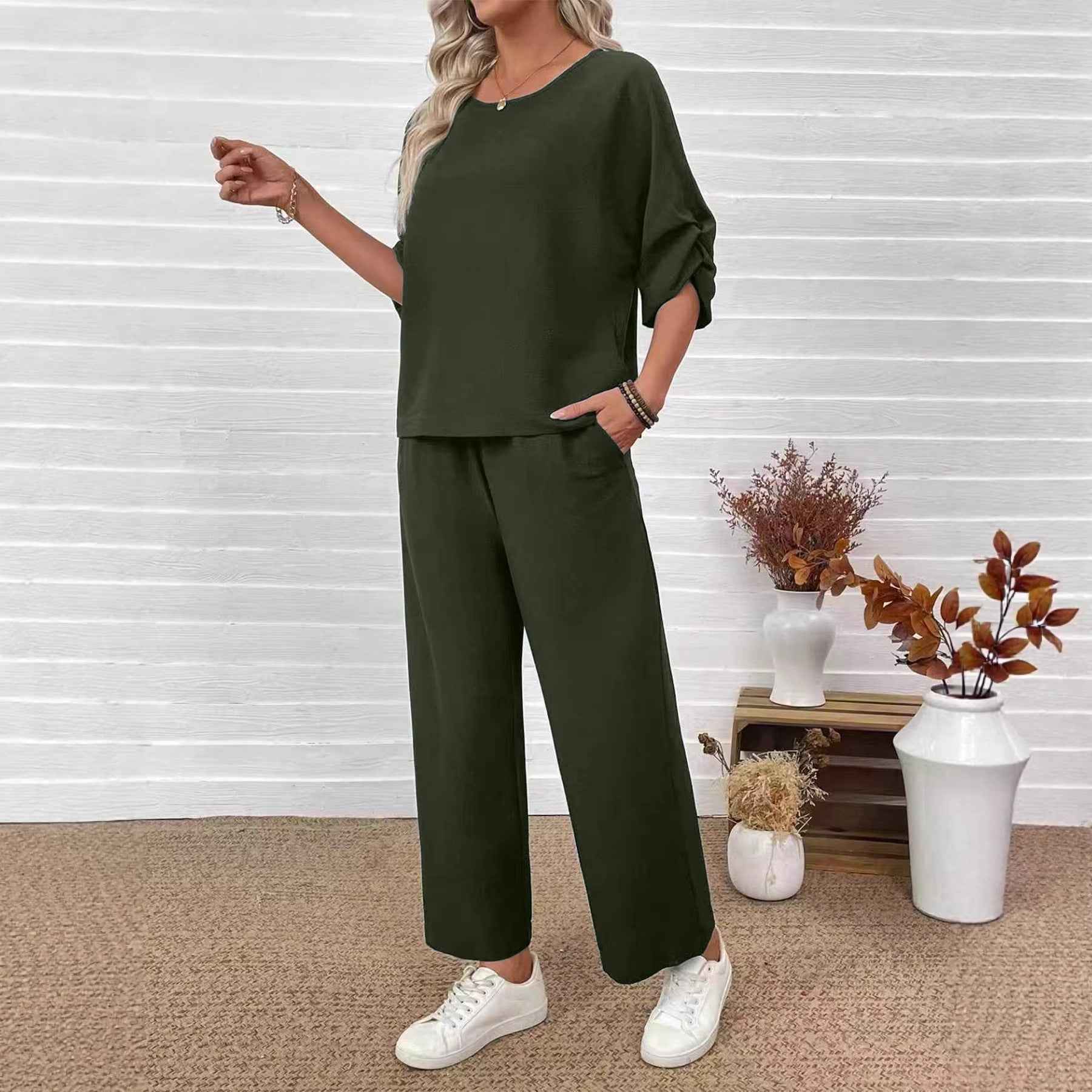 Women's Solid Crew-Neck Top & Wide-Leg Pants Co-Ord Set — 3 Colours