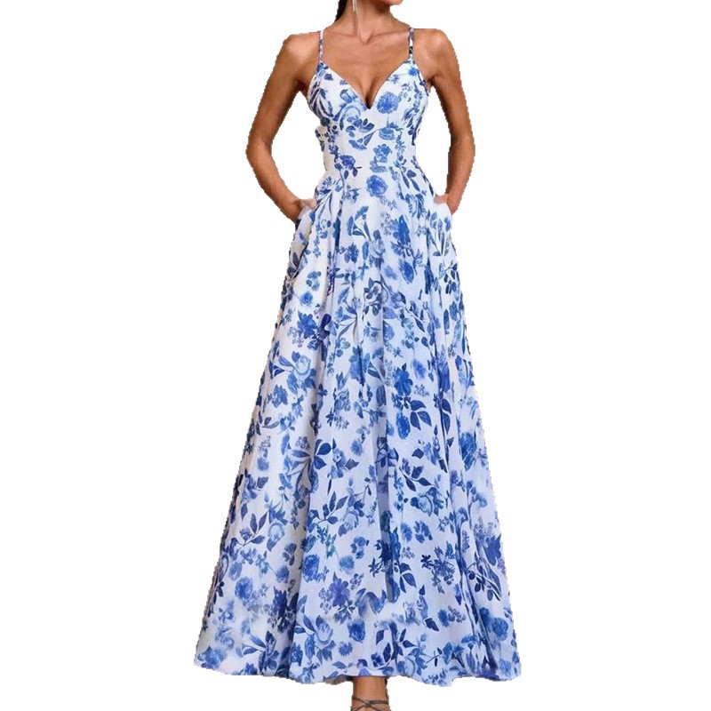 Floral Print High-Waist Sleeveless Princess Maxi Dress