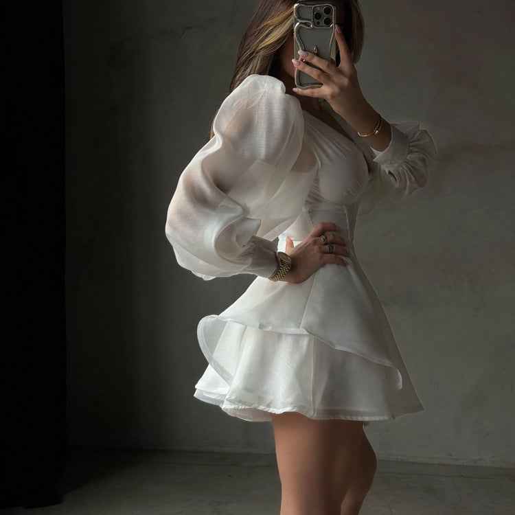 V-Neck Corset Boned Balloon-Sleeve Layered Mini Dress