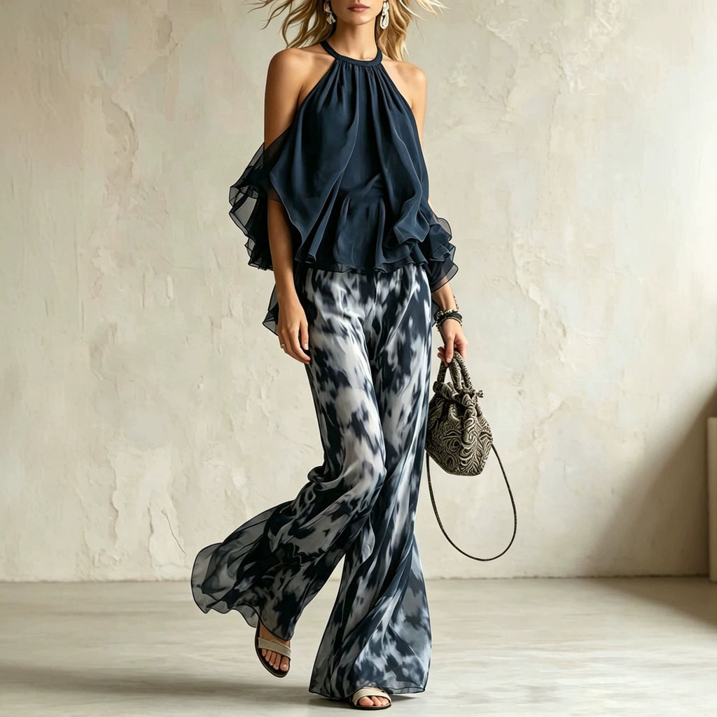 Sleeveless Halter-neck Top And Printed Wide-leg Pants Set