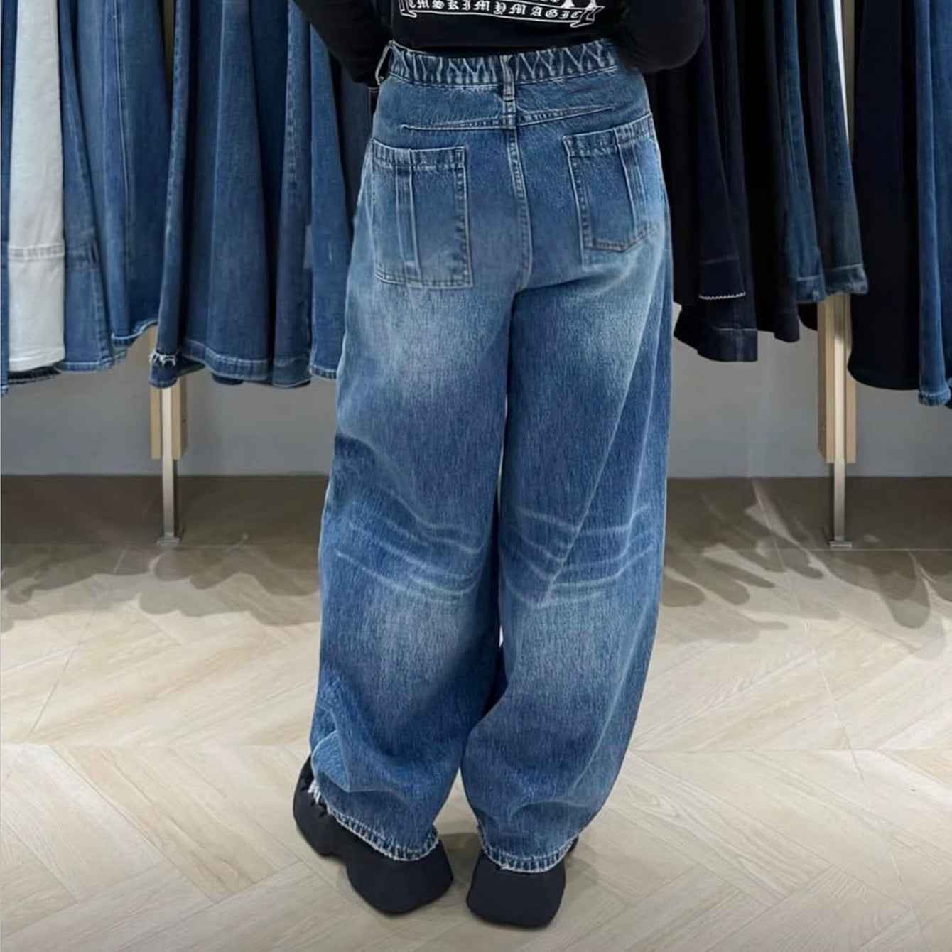 Women's Retro Wide-Leg Denim Jeans — Faux Two-Piece Style