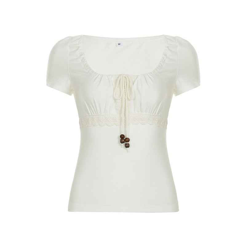 Retro Girly Beaded Drawstring Lace-panel Short Top