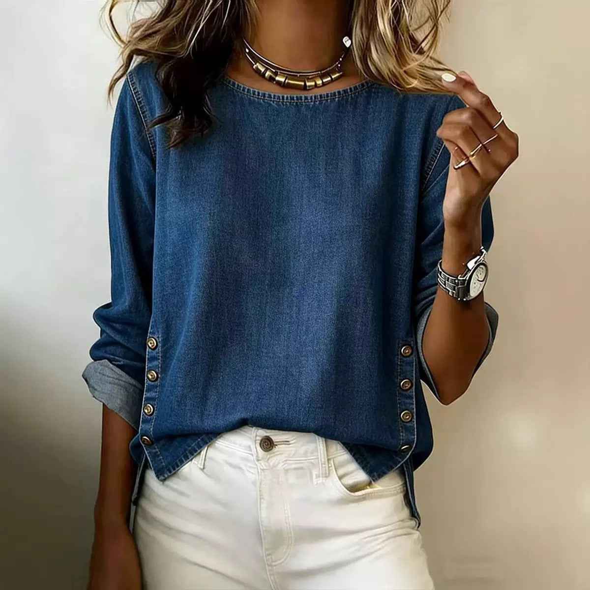 Women's Denim Shirt – Three-Quarter Sleeve Street Style Top