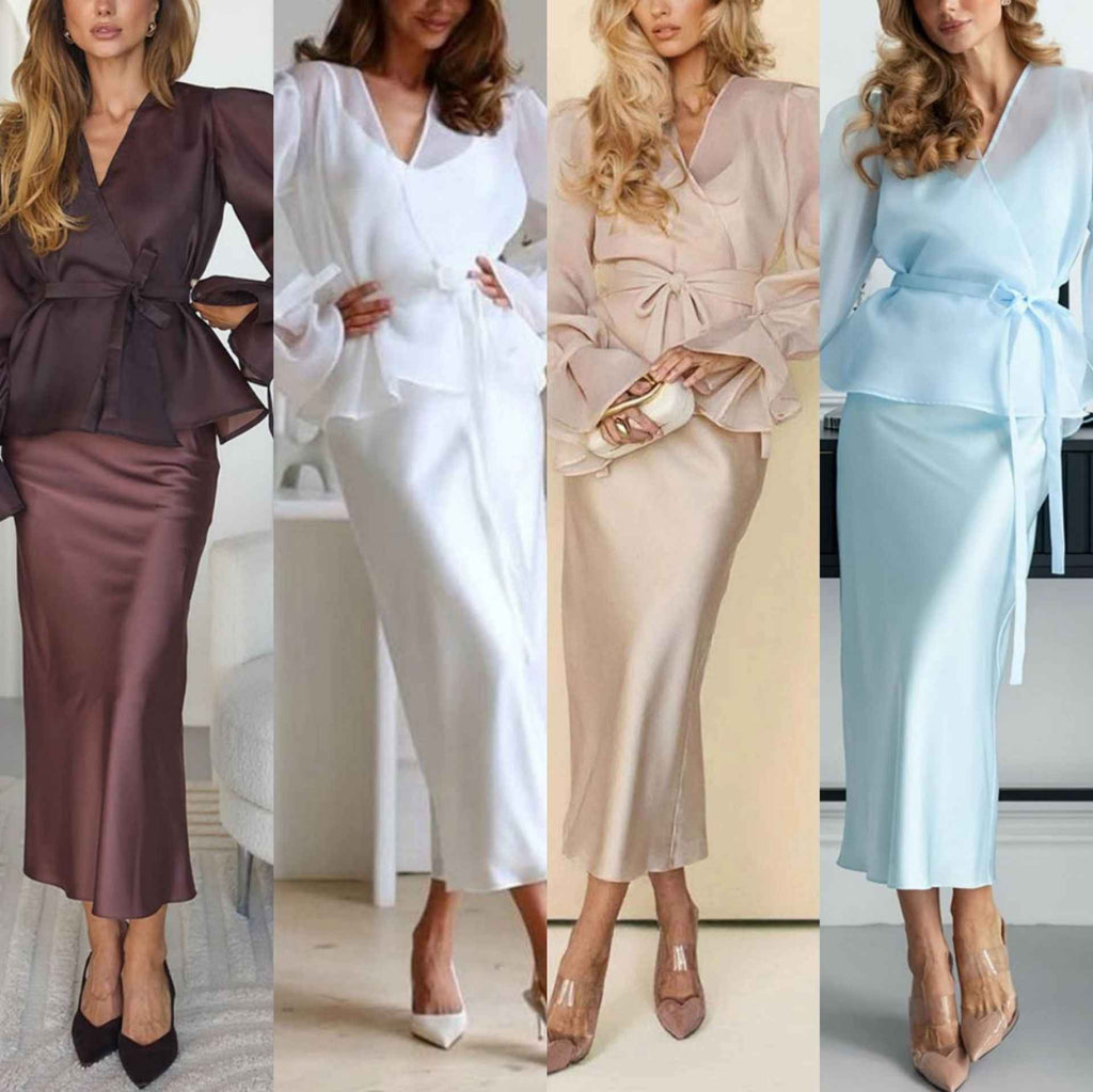 Womens Casual Lace-Up Shirt And Satin Dress Set