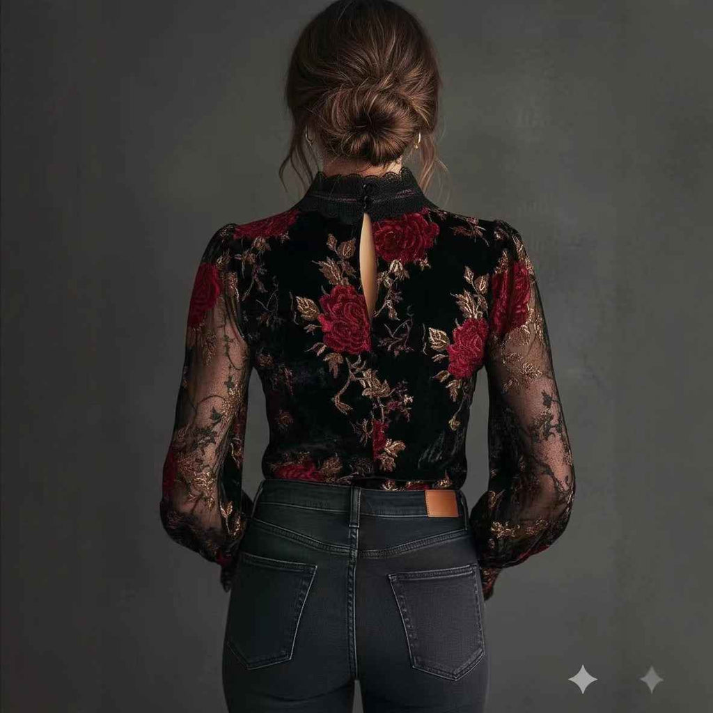 Womens Loose-fit Long-sleeve Gold Velvet Blouse
