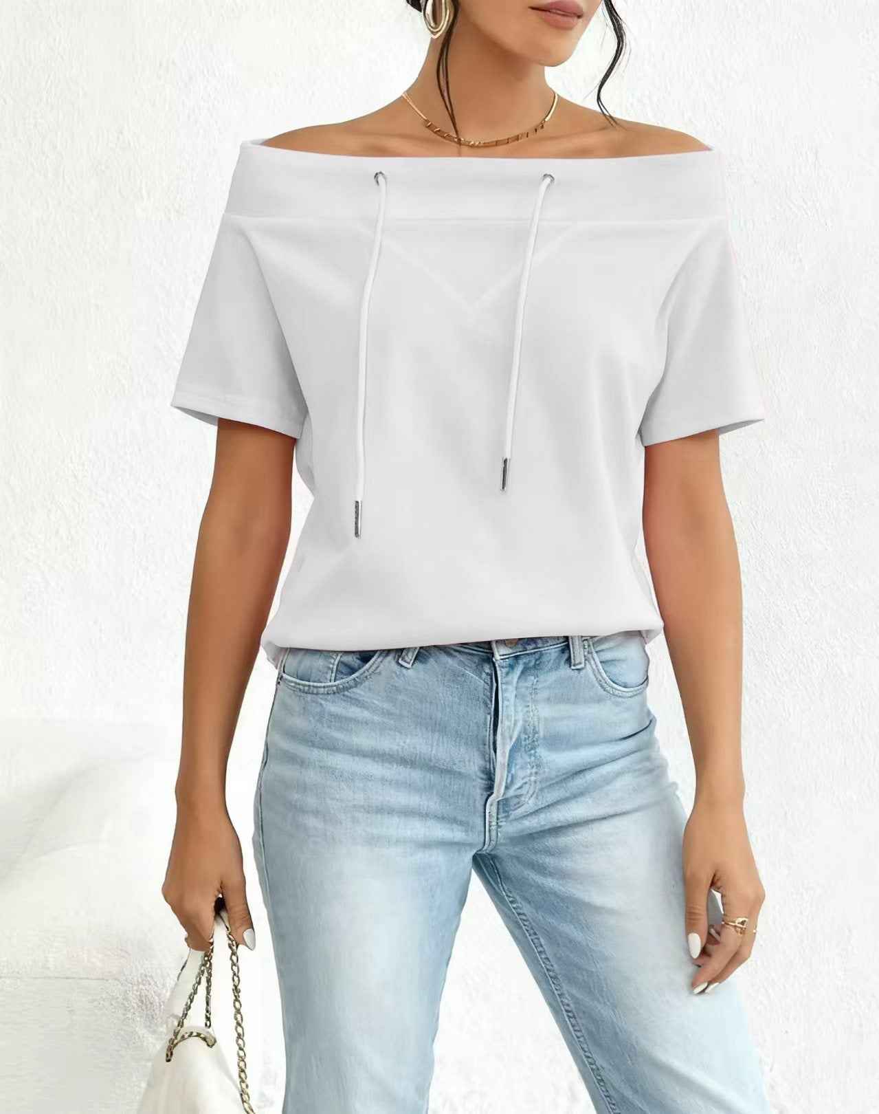 Off-Shoulder Drawstring Knit Top