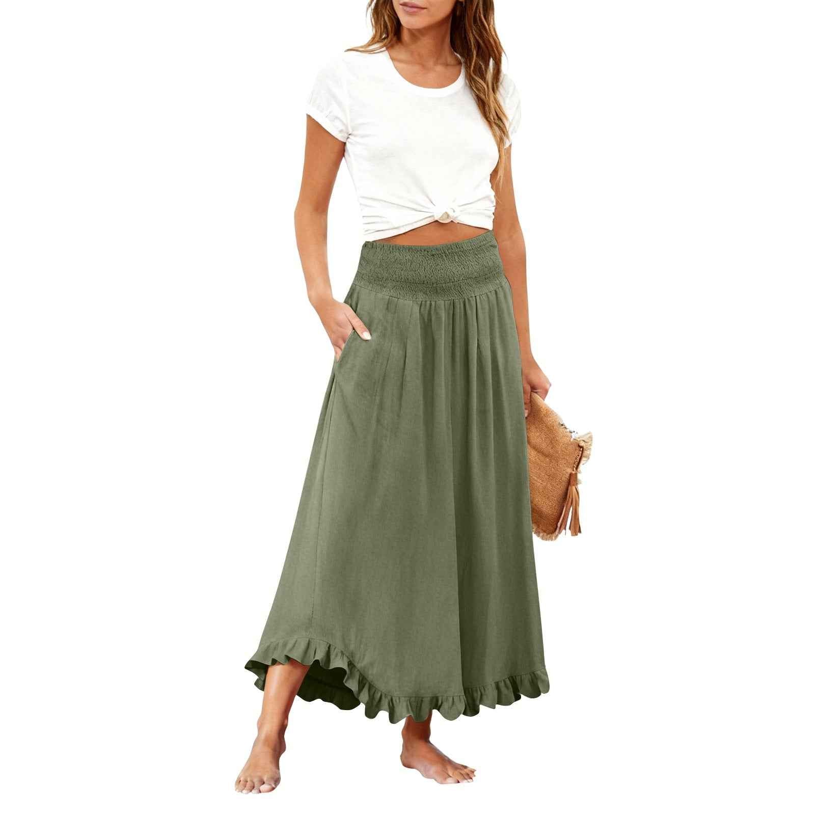 Women's High-Waist Ruffle Hem Midi Skirt – Cotton Linen