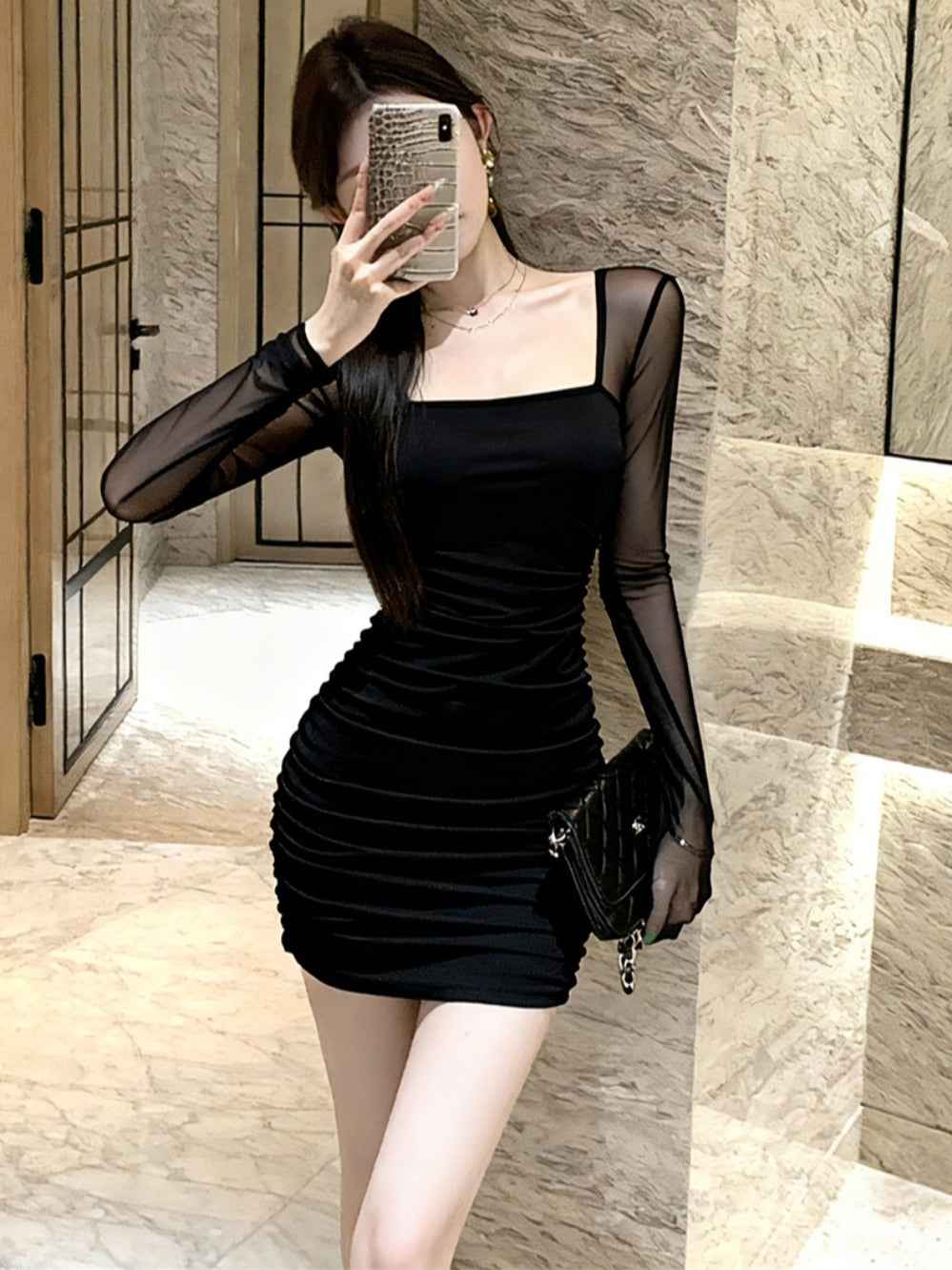 High-Waist Long-Sleeve Slim Dress — Sexy Elegant One-Piece