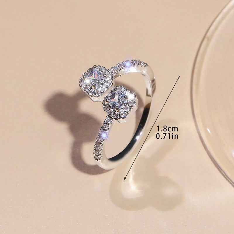 Womens OpenStyle Square Zircon Ring With Double Heads