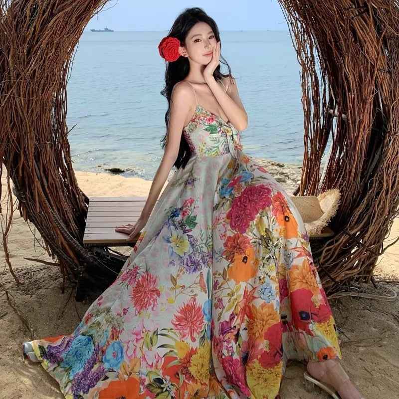 Colour-Block A-Line Slip Dress – High Waist Vacation Style
