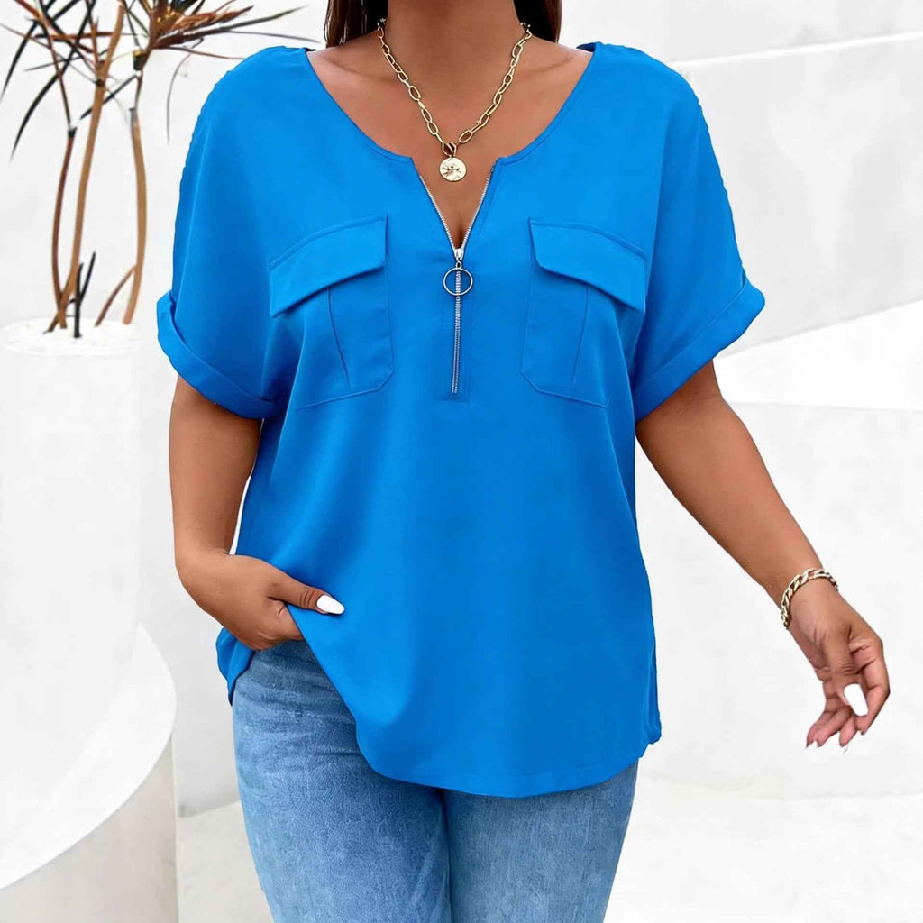 Plus Size Batwing-Sleeve Zip Top – Relaxed Fit with Pocket