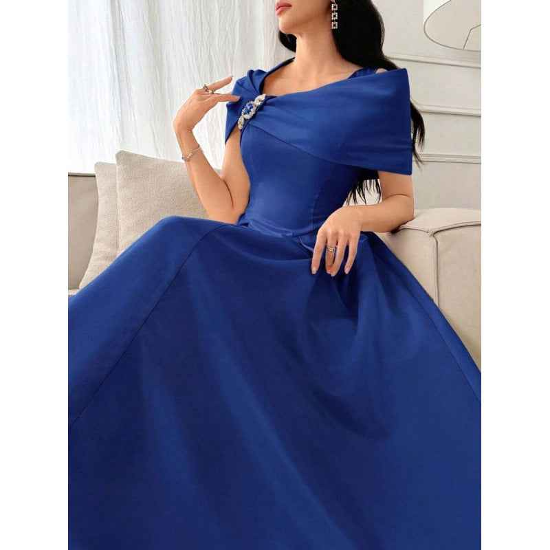 Asymmetric Diamond-Embellished Short-Sleeve Dress — Slim Fit, Elegant